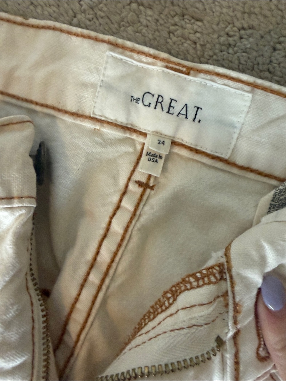 THE GREAT. Cream Pants with Brown Topstitching - Picture 2 of 3